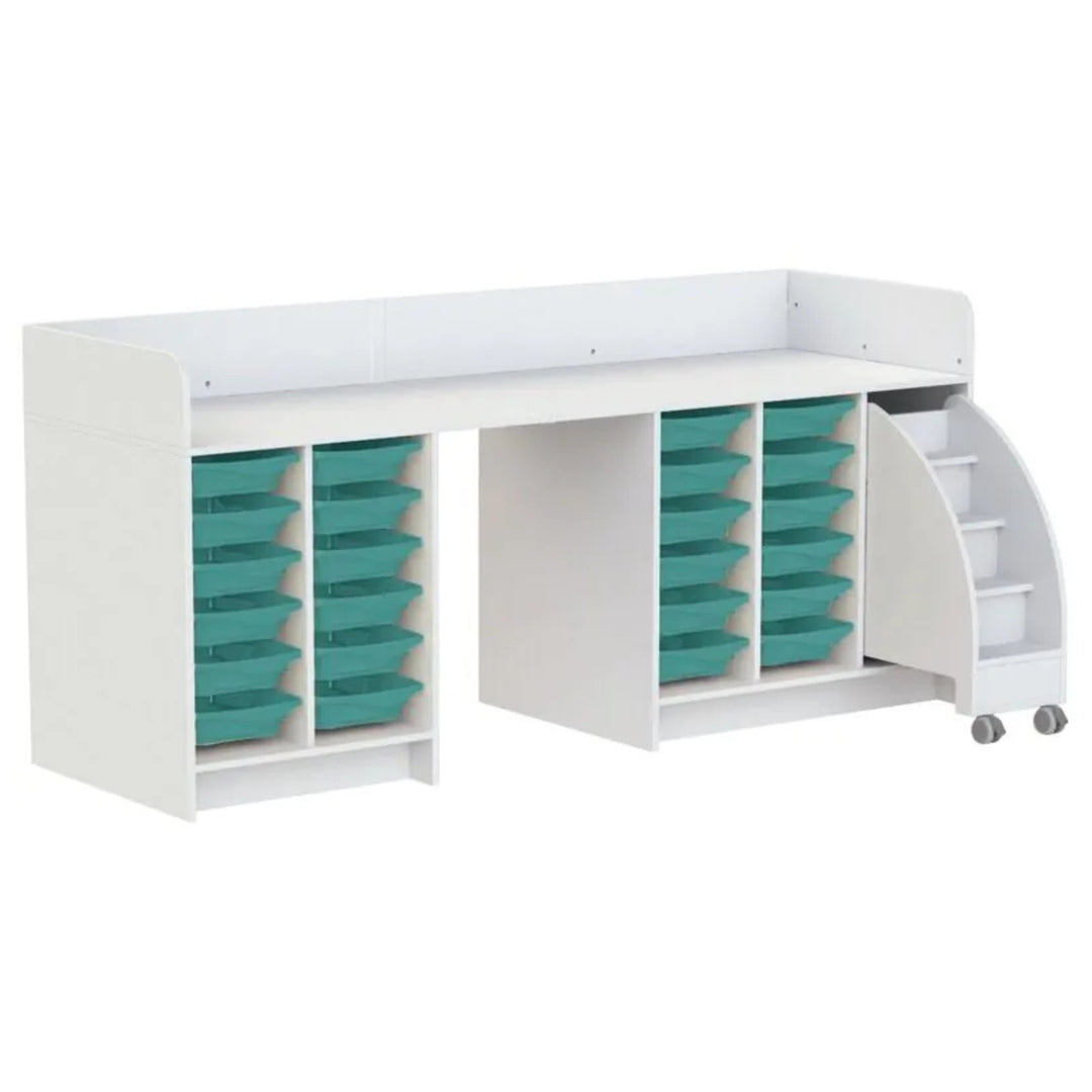 Kazéo pusliborð, 238 cm, v/24 skuffum og trappu